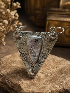 RARE Sterling 925 Hand-Tooled Pendant Natural Tourmalinated Quartz Talisman
